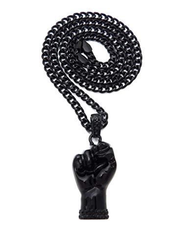 NYFASHION101 Stud Power Fist Pendant with 3mm Cuban Chain Necklace, Jet Black, 20