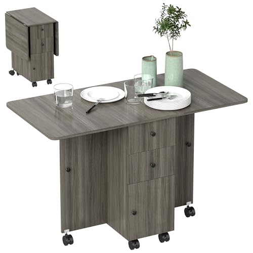 HOMCOM Table de Cuisine Pliable Table à Manger Pliante 2 Plateaux rabattables avec 2 tiroirs 1 Placard et 1 étagère de Rangement 120 x 60 x 76,5 cm - Gris...