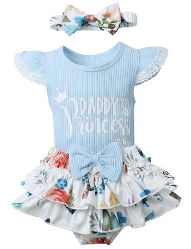 Image of Hevemexy Newborn Girl Clothes Daddy's Princess Romper Floral Bowtie Shorts Headband 3PCS Baby Girl Outfits