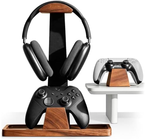 UPERGO Headset Stand with 2 Controller Holders - Solid Wood & Met...
