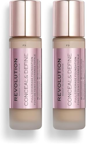 Makeup Revolution, Base de maquillaje Conceal & Define, F9, 23ml (Paquete de 2)