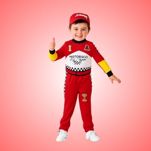 Image of WANNA PARTY Kids Race Car Driver Costume, Car Racing Kids Costume for Boys Girls for Pretend Play, School Dress Up,Halloween Dress Up 7-9 Yrs