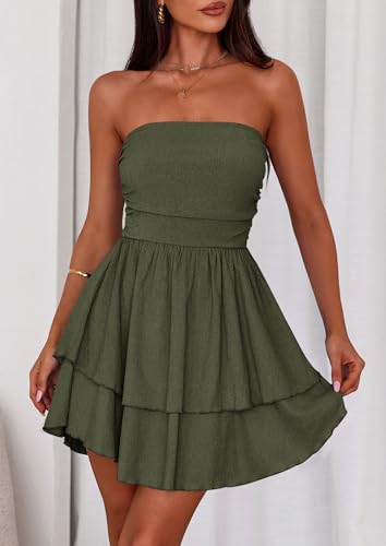 Image of PRETTYGARDEN Women's 2026 Summer Strapless Tube Mini Dress Off Shoulder Smocked Ruffle A Line Flowy Short Party Club Dresses