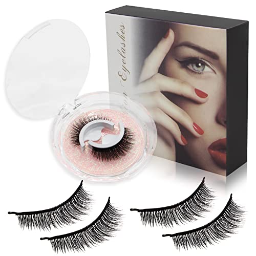 Reusable Self Adhesive Eyelashes No Glue - EMALLA 2 Pairs Fluffy False Eyelashes Wispy Self-Adhesive Eyelashes Thick False Eyelashes Soft Reusable Lashes No Glue for Girls and Women