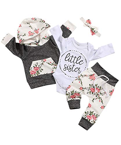 Image of Baby Girls Long Sleeve Flowers Hoodie Tops and Pants Outfit with Kangaroo Pocket Headband