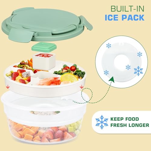 Image of Salad Container for Lunch, Bento Lunch Box 58-oz with 4 Compartments Tray and Ice Pack, Leak-Proof Salad Bowl with Lid for Adults, BPA-Free Lunch Box for Meal Prep & Food Storage(Green)