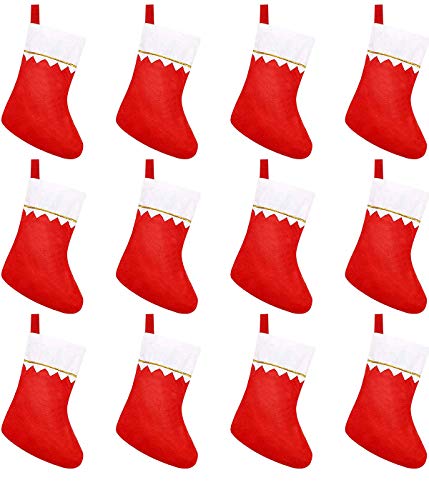 NNY 12 Stück Weihnachtsstrümpfe für Weihnachten Kamin hängende Strümpfe Dekoration Zubehör rot Filz Vliesstoff mit goldenem Rand (12) Cover