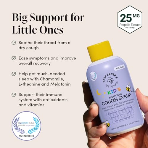 Image of Beekeeper's Naturals Honey Cough Syrup for Kids, Elderberry, Night, 4oz | Immune Support with Propolis, Elderberry & Raw Honey, Sleep Support with Chamomile & L-Theanine, Gluten Free
