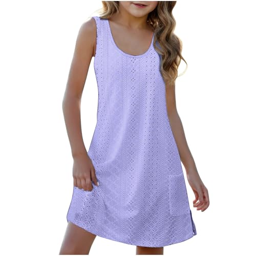 Eyelet Dresses for Girls 2025 Summer Sleeveless Side Split Tank Dress Crewneck Sundress with Pockets Size 4-14 Years4