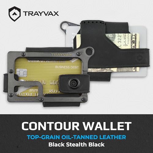 Image of Trayvax Contour Wallet, RFID Front Pocket Money and Credit Card Holder, Minimalist Slim Leather Metal Wallet for Men and Women, Black Stealth Black