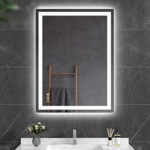AI-LIGHTING 500x700mm Bathroom LED Mirror Illuminated Backlit Bathroom Mirror with LED Lights For Wall Light Up Touch Dimmable Switch Horizontal/Vertical Mount Demister 3 Colors IP44