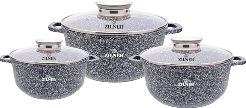 ZILNER® Kochtopf Set Induktion 6-Teilig - Topfset mit Glasdeckel - Töpfe für alle herdarten - 3x Kochtöpfe Ø20, 24, 28 cm - Antihaftbeschichtung aus Granit - ZL-7088