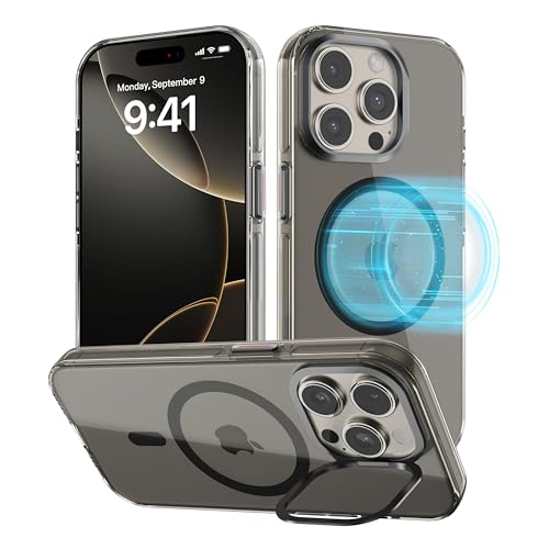 GWW Designed for iPhone 15 Pro Max Case, MagSafe Compatible, Clear Slim Case with Built-in Aluminum Alloy Stash Stand, Anti-Yellowing, Metal Buttons, All-Round Protection with Airbag Corners, Black