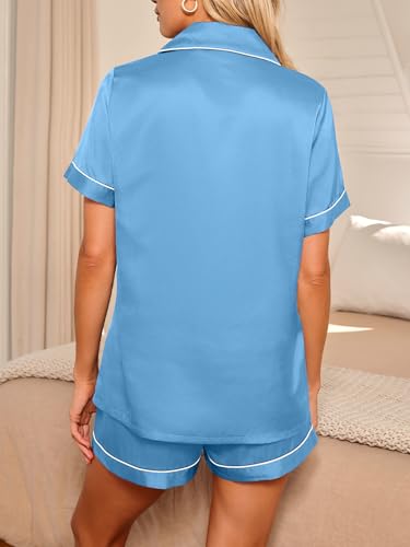 Image of LILLUSORY Silk Satin Pajama Set for Women 2 Piece Lounge Pjs Winter Matching Summer Sleepwear Button Down Shirt Shorts