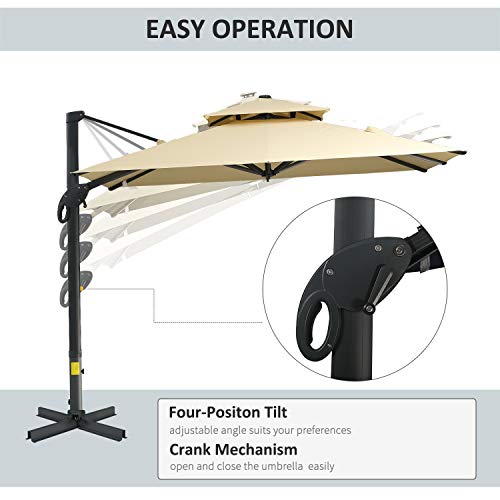 Outsunny 10Ft Cantilever Patio Umbrella With Base, Hanging Aluminum Offset Umbrella With 360° Rotation, Easy Tilt, 8 Ribs, Crank, Cross Base Included For Backyard, Poolside, Lawn, Garden, Beige #TOP3