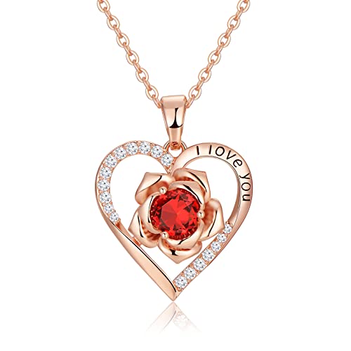 Dfunh Rose Necklace For Women 925 Sterling Silver Rose Gold Flower Heart Pendant Necklaces For Girlfriend Mom Anniversary Birthday Christmas Valentines Day Mother's Day Necklace Gift For Wife Girls Her(Gold-Jan-Garnet) #TOP5
