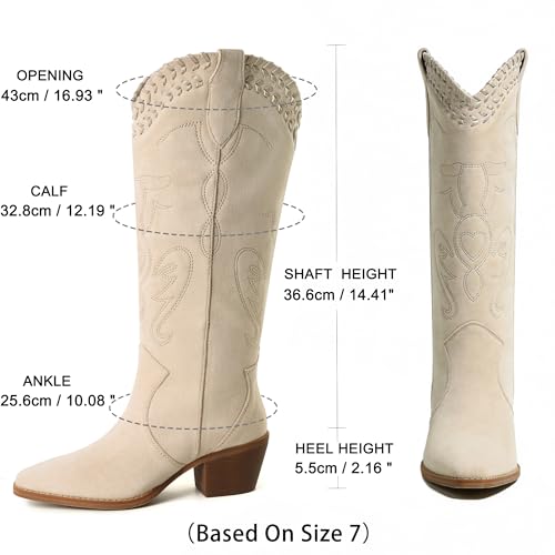 Image of Reitoye Cowboy Boots for Women Embroidery Western Cowgirl Knee High Chunky Heel Boots with Pull-Up Tabs