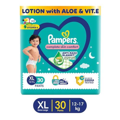 Image of Pampers Complete Skin Comfort Pants, Anti-rash blanket, Lotion with Vitamin E & Aloe Vera, Extra Large size baby diapers (XL) 30 Count, 12-17kg