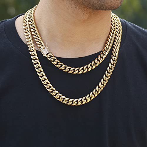 14k Gold Plated Mens Heavy Miami Cuban Link Chain Choker with Lab Diamond Clasp Stainless Steel Hip Hop Thick 8mm-16mm Necklace4