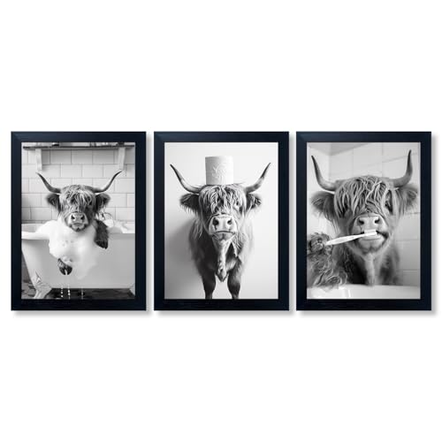 Highland Cow Bathroom Decor Framed Wall Art Farmhouse Black and