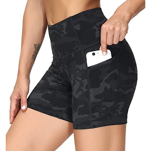 THE GYM PEOPLE High Waist Yoga Shorts for Women's Tummy Control Fitness Athletic Workout Running Shorts with Deep Pockets Regular Fit X-Large Black Camo