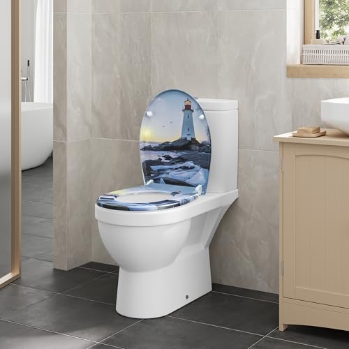 WOLTU Toilettendeckel, WC Sitz mit Absenkautomatik, Klodeckel Quick-Release-Funktion, O-Form-Toilettensitz mit Motiv, Montage oben unten, Duroplast