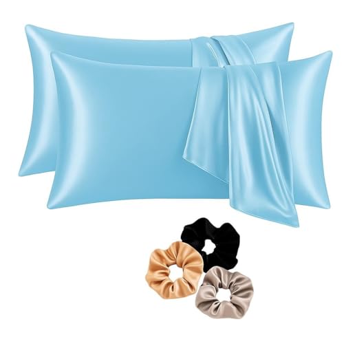 Image of Satin Pillow Covers Set of 2 with 3 Free Random Color Hair Scrunchies - Anti-Frizz, Skin-Friendly, Soft & Durable Pillowcase Set for All Hair Types (Aqua)