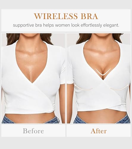 Image of DEANGELMON Front Closure Bras for Women Wireless Lightly Padded Bralett Seamless Low Cut V-Neck Lightweight T-Shirts Bra