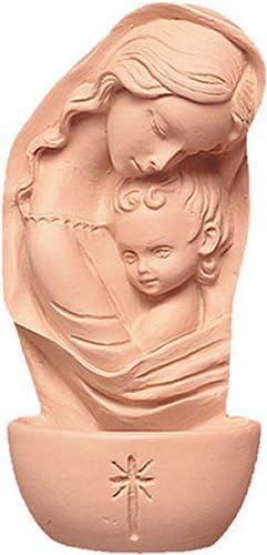 Catholic Gift Shop Holy Water Font - Blessed Virgin Mary & Baby Jesus Terracotta Font - With Prayer Card (3024)