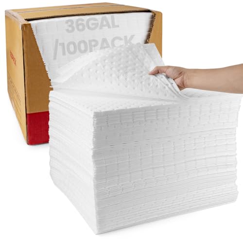 Image of Oil Absorbent Pads 100-Pack | 16 inchx20 inch Oil-Only Spill Mat | Industrial Spill Control for Oil & Fuel(32 Gal /Box) | Repels Water Absorbing Sheets