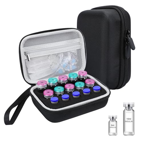 Peptide Vial Case for Fridge Insulin Vial Holder Protector Insulin Travel Case with Zipper Fits Standard 10ml U-100 Vials (Black 15-Slot)