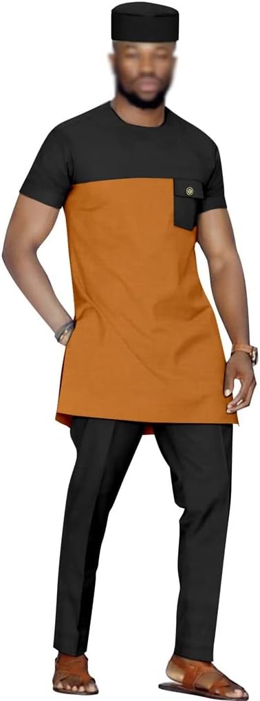 男性用3ピースダシキ 伝統的なアフリカのスーツ 五分袖 ファッショントラックスーツ シャツとパンツ、帽子 ブレザー パーティーウェデ