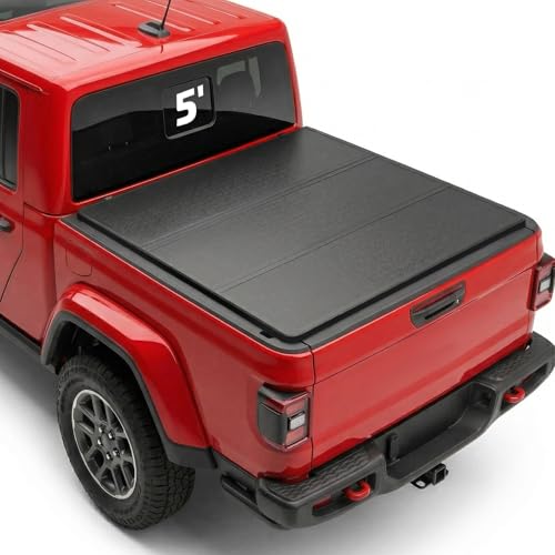 Image of BDFHYK Tri-Fold Truck Bed Tonneau Cover for Jeep Gladiator 2020-2026 5 FT Bed Heavy-Duty Truck Bed Protection Durable Aluminum Panels Hard Folding Tonneau Cover, Waterproof for Truck Camping