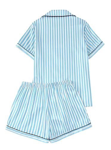 Image of Remidoo Women's Silk Satin Pajama Set Striped Button Up Pjs Short Sleeve Loungewear Blue Large