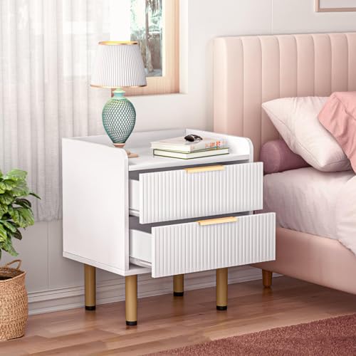 Warm White Night Stand, Bedside Tables with 2 Drawers, Mid Century Modern Nightstand with Storage, Waveform Panel End Table Sofa Side Table, Small Wood Bedroom Nightstand