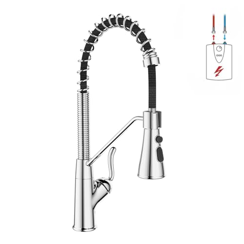 ZYNUHMO Robinet de cuisine basse pression rotatif à 360° avec 3 raccords pour chaudière, robinet de cuisine à arc haut avec douchette 2 modes, cuivre, chrome