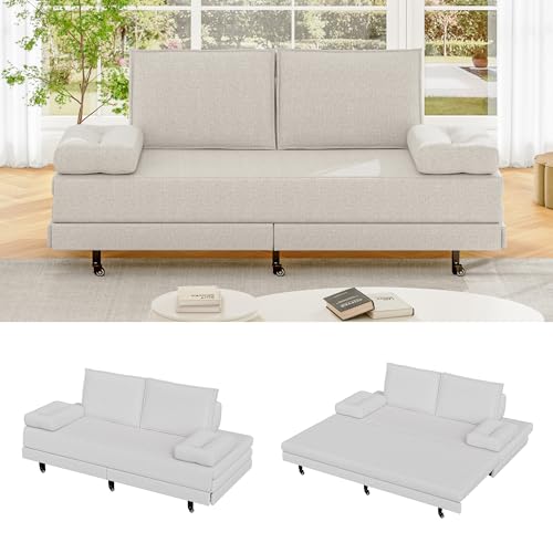 Julyue Divano letto a due posti con funzione sonno, convertibile con cuscino, divano letto allungabile, letto imbottito per soggiorno, camera da letto, divano casa, lino (bianco)