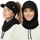 Two-Piece Set Winter Warm Balaclava Visor Hat for Women, Adjustable Knit Beanie Neck Gaiter Hooded Scarf with Drawstring, Windproof Skull Cap Sun Hat Ski Caps, Black
