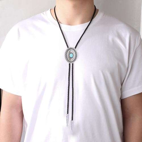 Image of GelConnie Bolo Tie for Men Women Western Cowboy Turquoise Leather Necktie | Natural Stone Bolo Tie Necklace for Women Rodeo Cowboy Leather Necktie Native American Western Cowgirl Ties Adjustable Cord