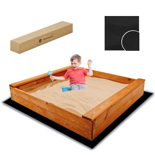 Arenero de madera de 120 x 120 cm con bancos, gran caja de arena abierta para niños, impregnada ecológicamente, con geotextil y bordes redondeados, SPRINGOS