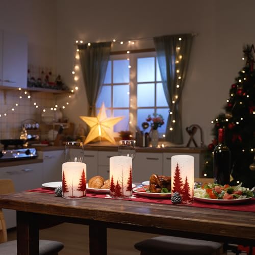 Image of KunSween Red Christmas Tree Flameless Candles with 6H Timer, 3 Pack LED Flameless Candles Battery Operated Real Wax, Christmas Candle for Winter Holiday Decorations for Home(D3 x H4 5 inch 6 inch)