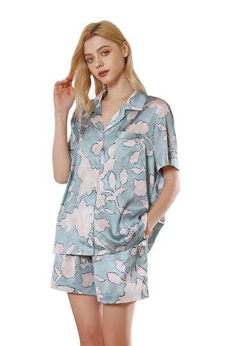 Image of YiNi LuLu Womens Silk Satin Shorts Pajamas Set Button Down 2 Piece Pjs Short Sleeve Oversized Sleepwear with Pockets