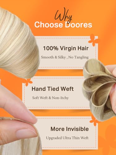 Image of DOORES Weft Hair Extensions for Women, 20 Inch Dark Blonde Highlighted Bleach Blonde 60g, Sew in Genius Extensions for Women Virgin Hair