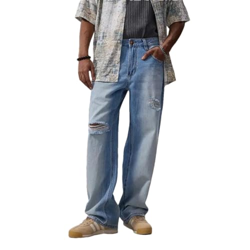 Men Summer Wide Leg Straight Distressed Jeans Hollow Out Holes Frayed Male Baggy Ripped Jeans