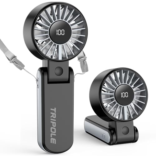 TriPole Handventilator, tragbarer USB Ventilator, 5 Geschwindigkeiten, starker Luftstrom, LED-Anzeige, 4000mAh Mini Ventilator klappbar für Reisen, Urlaub, Tisch, Outdoor, Ausflug (Schwarz) 1