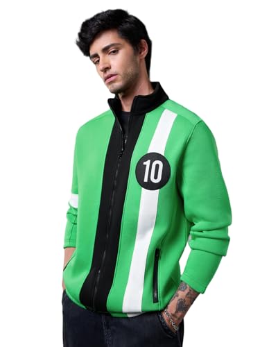Image of The Souled Store Ben 10: Alien Force Men and Boys Full Sleeves Mock Neck Green and Black Graphic Printed Cotton Blend Regular Fit Lightweight Winter Casual Jacket