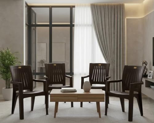 Image of Plastic Chair Set of 4 for Home & Outdoor Use | Heavy Duty Comfortable Chair with Strong Legs | Stackable, Easy to Clean | Suitable for Living Room, Balcony (Pack of 4-Rolex | Brown)