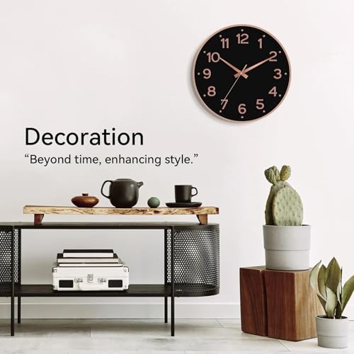 Image of Roymnie Wall Clock 12 Inch Silent Wall Clocks Battery Operated-Modern Non Ticking Analog Clock Decorative for Kitchen Bedroom Office (Black Rose Gold)