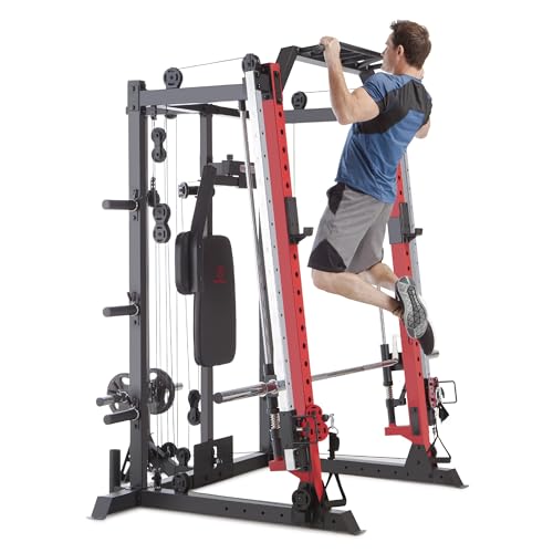 Marcy Smith Machine Cage System Home Gym Multifunction Rack, Customizable Training Station SM-4033, Red