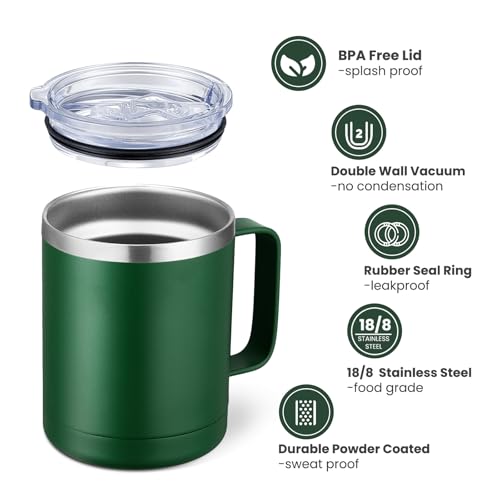 Image of MEWAY 12oz Coffee Mug With Handle and Sliding Lid,Stainless Steel Travel Tumbler Cup with Handle,Double Wall Vacuum Insulated Camping Cup for Hot & Cold Drinks Tea (Forest Green,Set of 1)